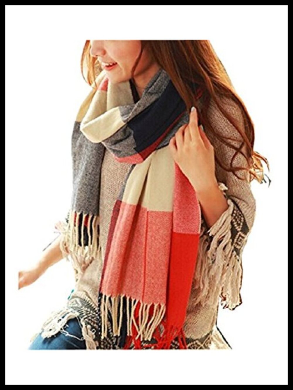Oversized Plaid Shawl Wrap Scarf Acrylic Long Winter Tassel
